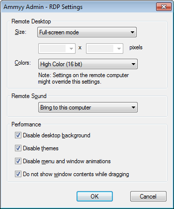 Ammyy Admin allows connection with Microsoft RDP. To configure connection with RDP select main menu Ammyy -> Settings -> Operator -> RDP Settings.